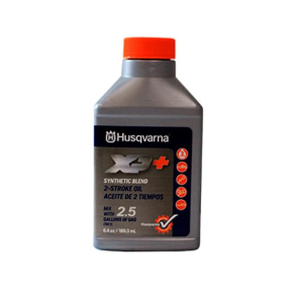 Husqvarna XP+ 2-Stroke oil close-up highlights durable packaging for easy storage and use.