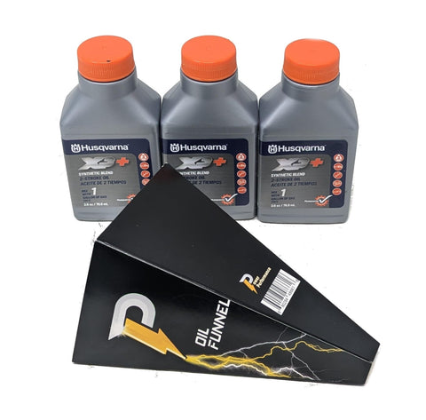 Husqvarna XP 2-cycle oil bottle for quick, accurate 2.6 oz measurements with gas in the field.