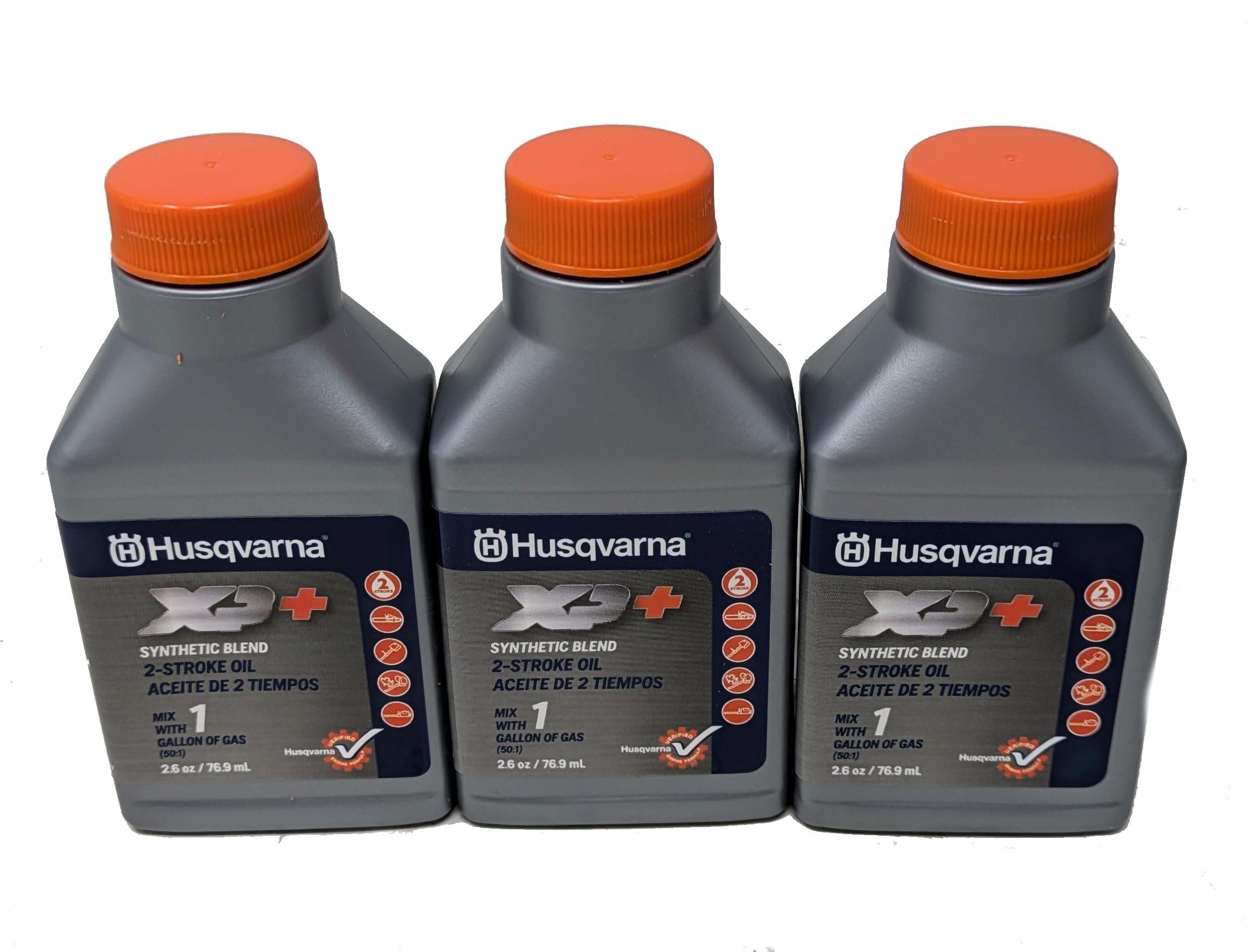 Husqvarna XP label close-up showing the synthetic blend formulation.