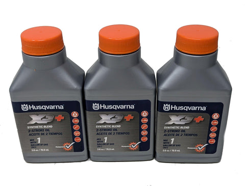Husqvarna XP label close-up showing the synthetic blend formulation.