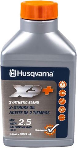 Husqvarna XP+ 2-cycle oil packaging highlights 12-bottle set.