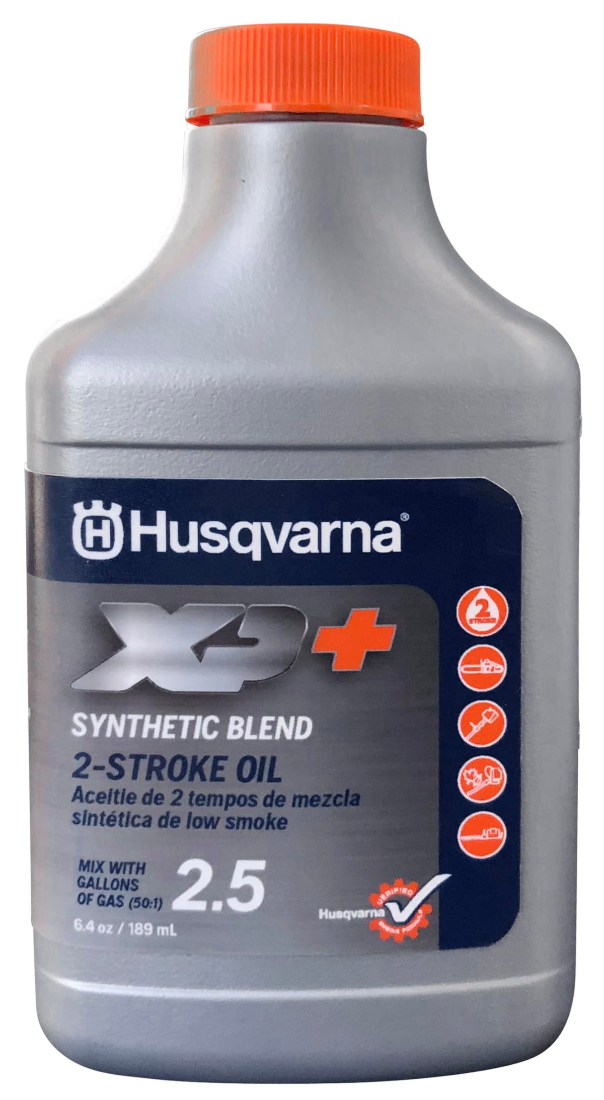 Husqvarna XP+ 2-Stroke Oil bottle ready for reliable small engine lubrication.