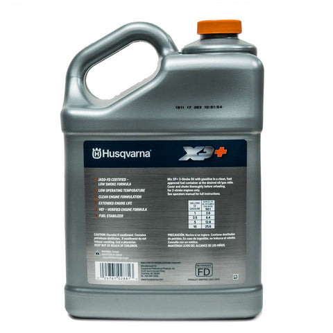 Husqvarna XP+ 2-stroke oil gallon label closeup with JASO FD certification