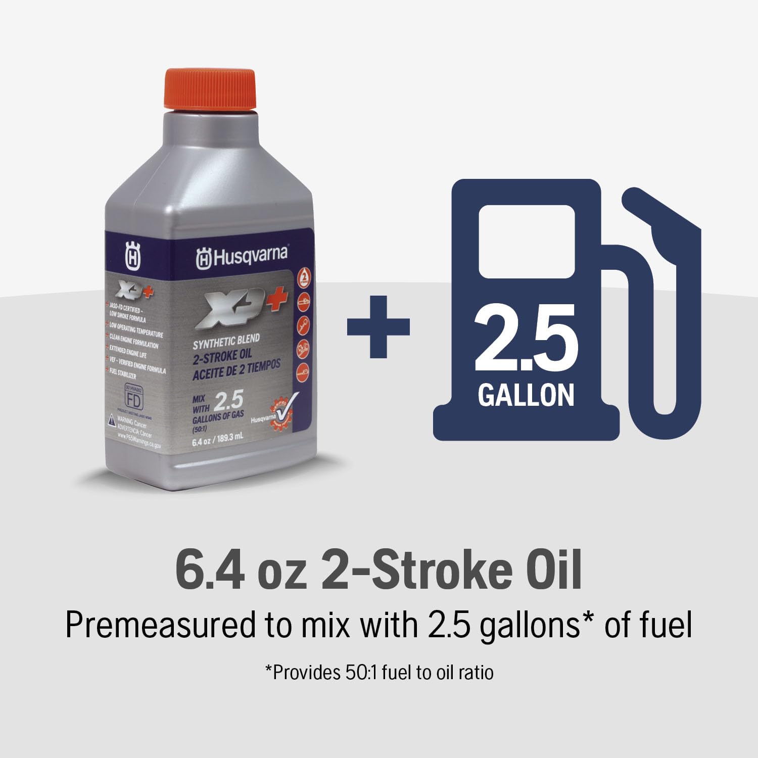 Husqvarna XP+ 2-Stroke Oil label highlights fuel stabilizer and JASO-FD certification.
