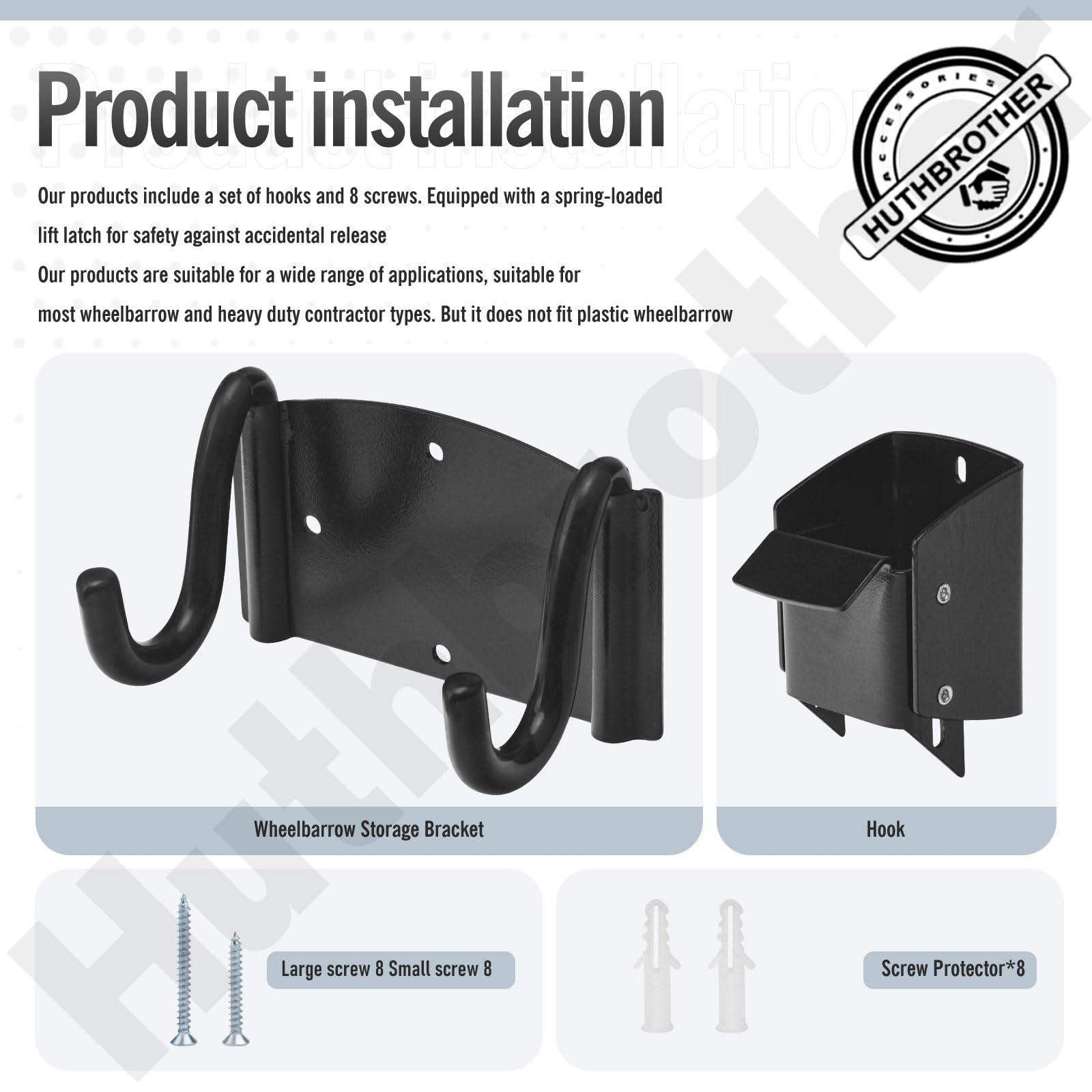 Huthbrother wheelbarrow bracket with top lift latch for secure outdoor mounting.