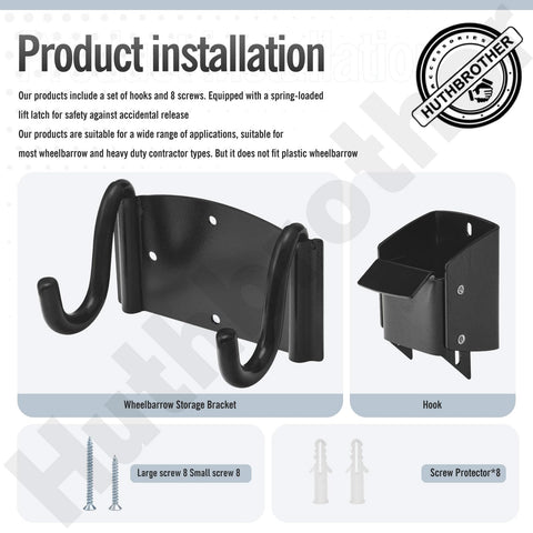 Huthbrother wheelbarrow bracket with top lift latch for secure outdoor mounting.
