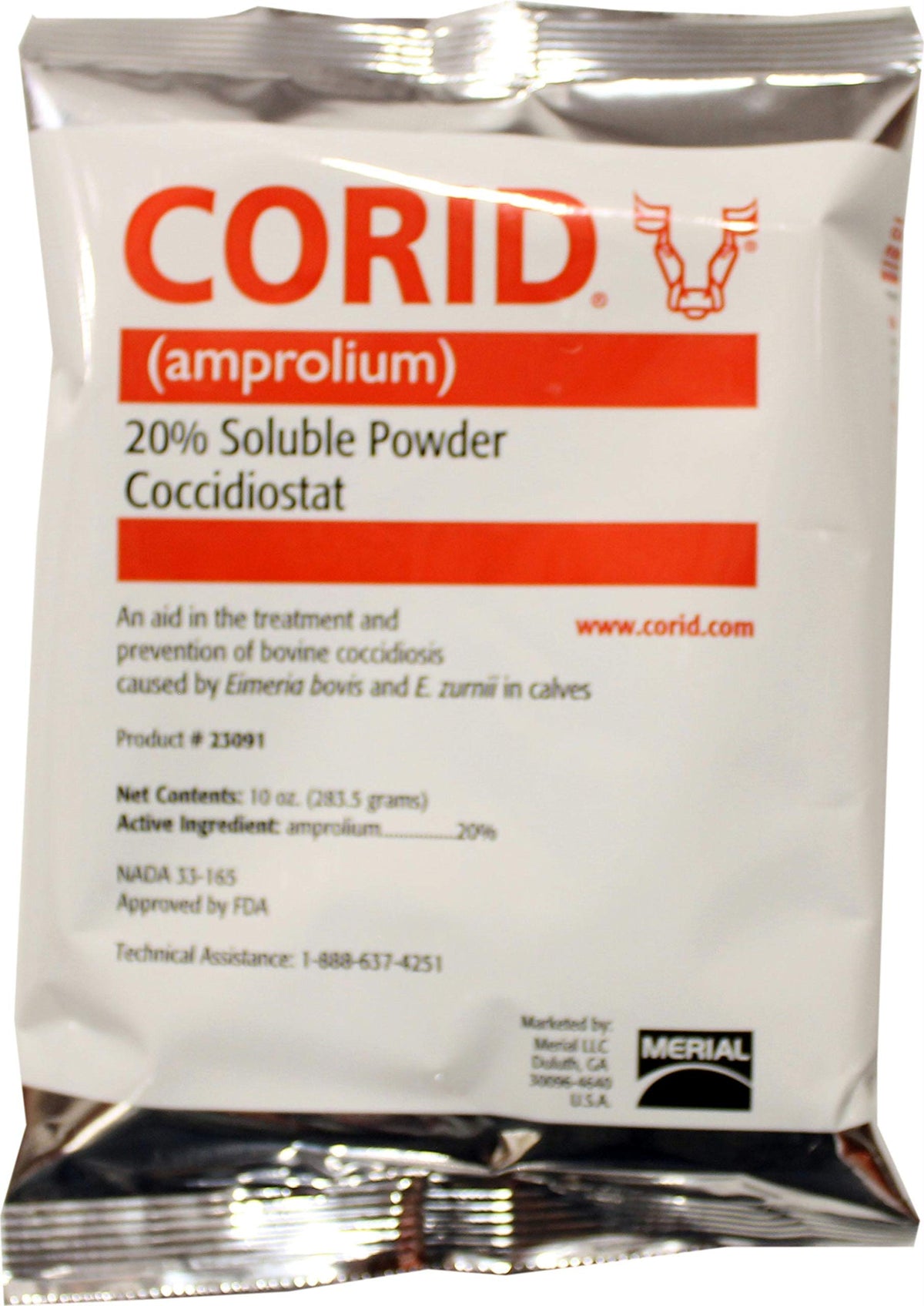 Huvepharma Corid 20% Soluble Powder for Calves packaging shown for herd treatment and prevention.