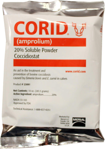 Huvepharma Corid 20% Soluble Powder for Calves packaging shown for herd treatment and prevention.