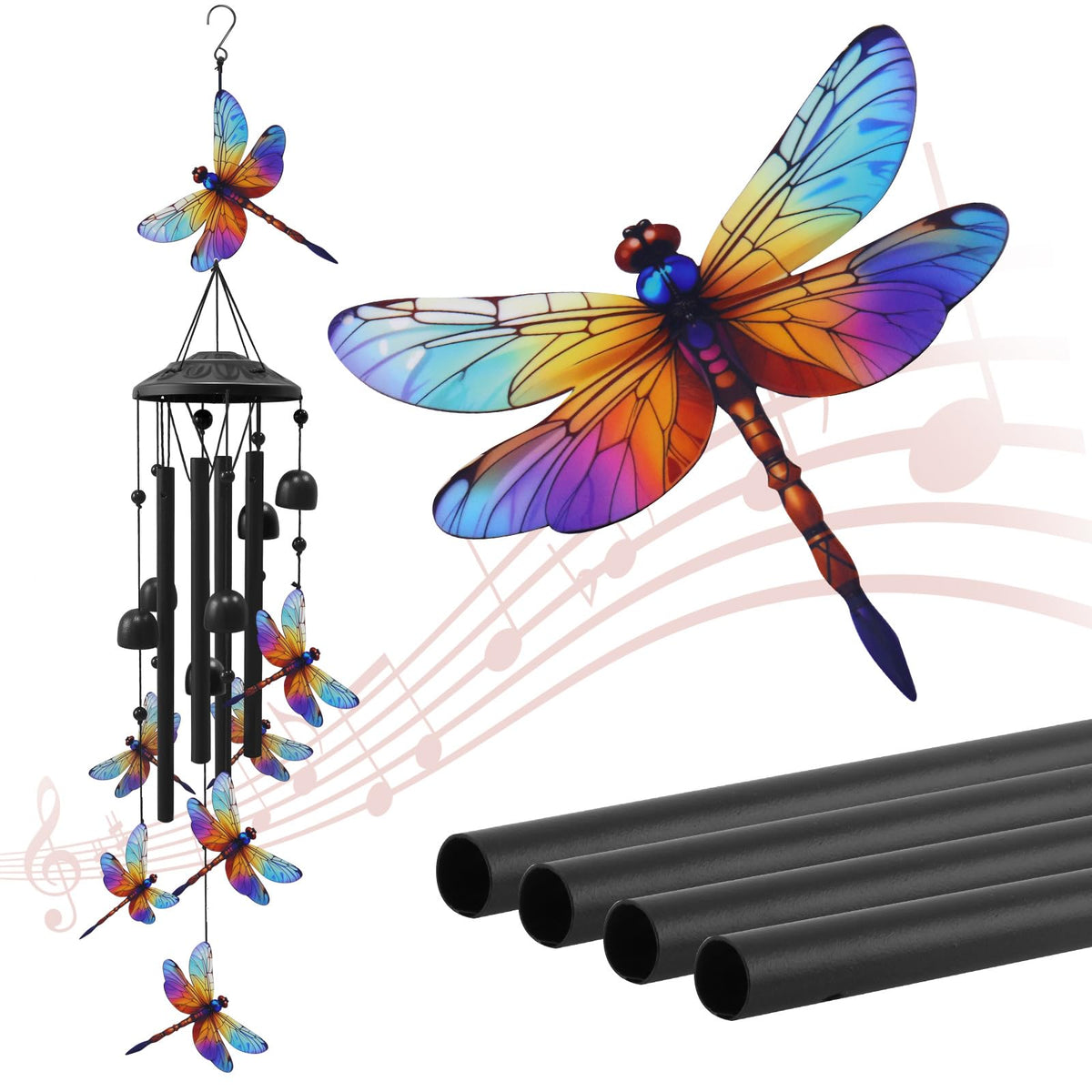 HUVNSOCH dragonfly wind chimes outdoors in black metal adding refined garden decor