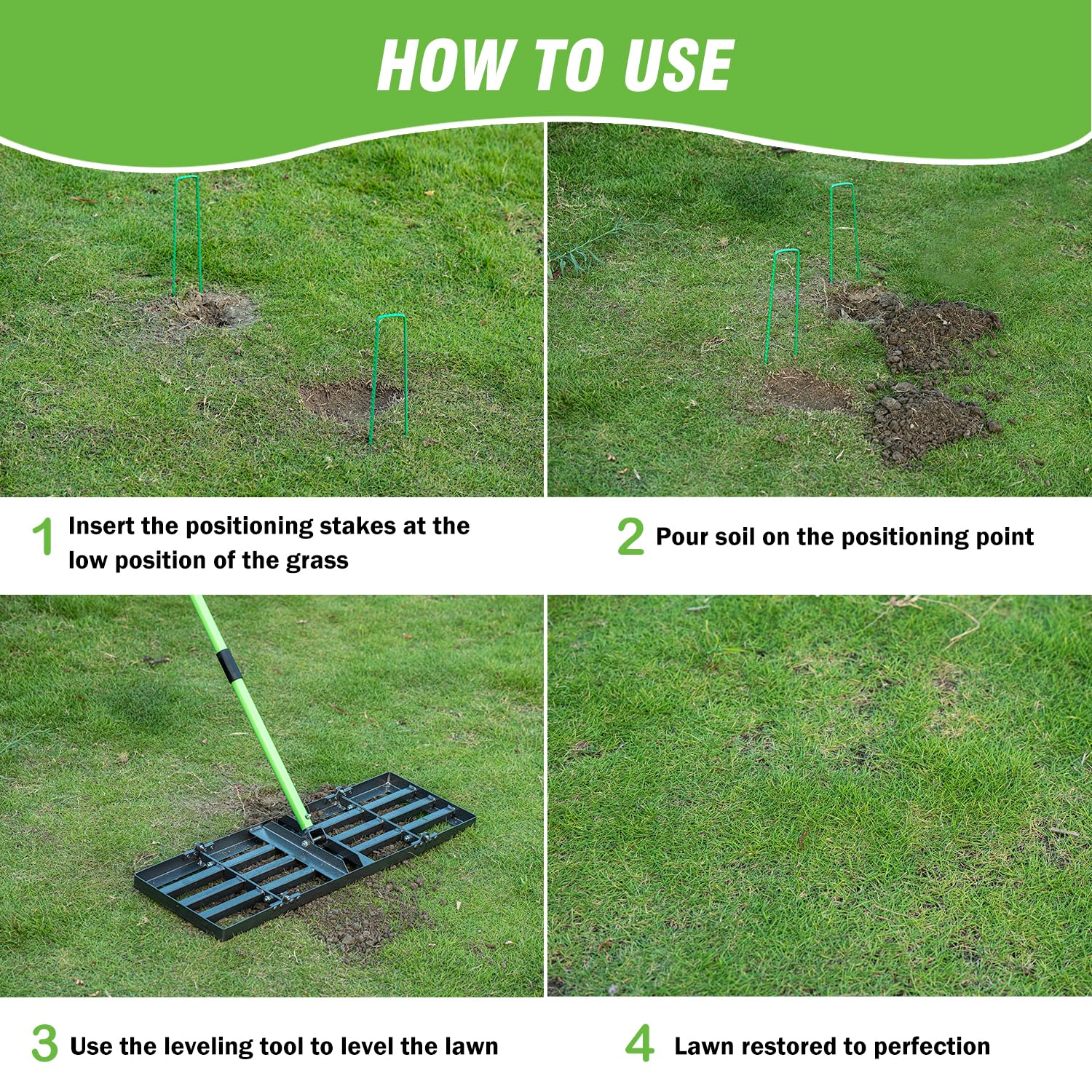 HUZSV green positioning stakes ensure precise leveling alignment.