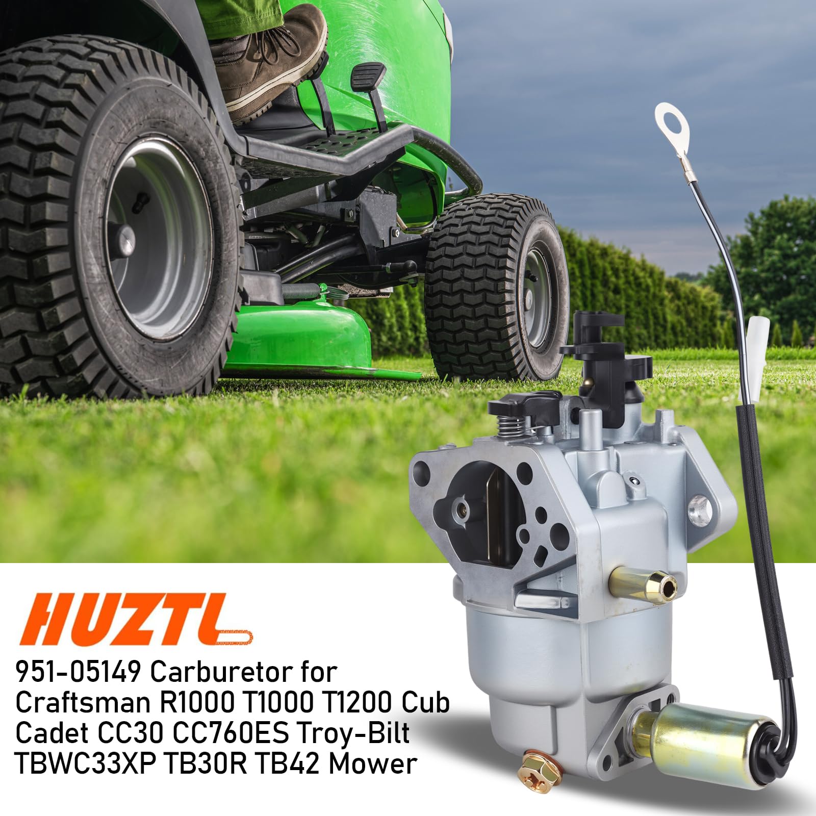 HUZTL 951-05149 carburetor on mower ready for installation in a tidy workspace.