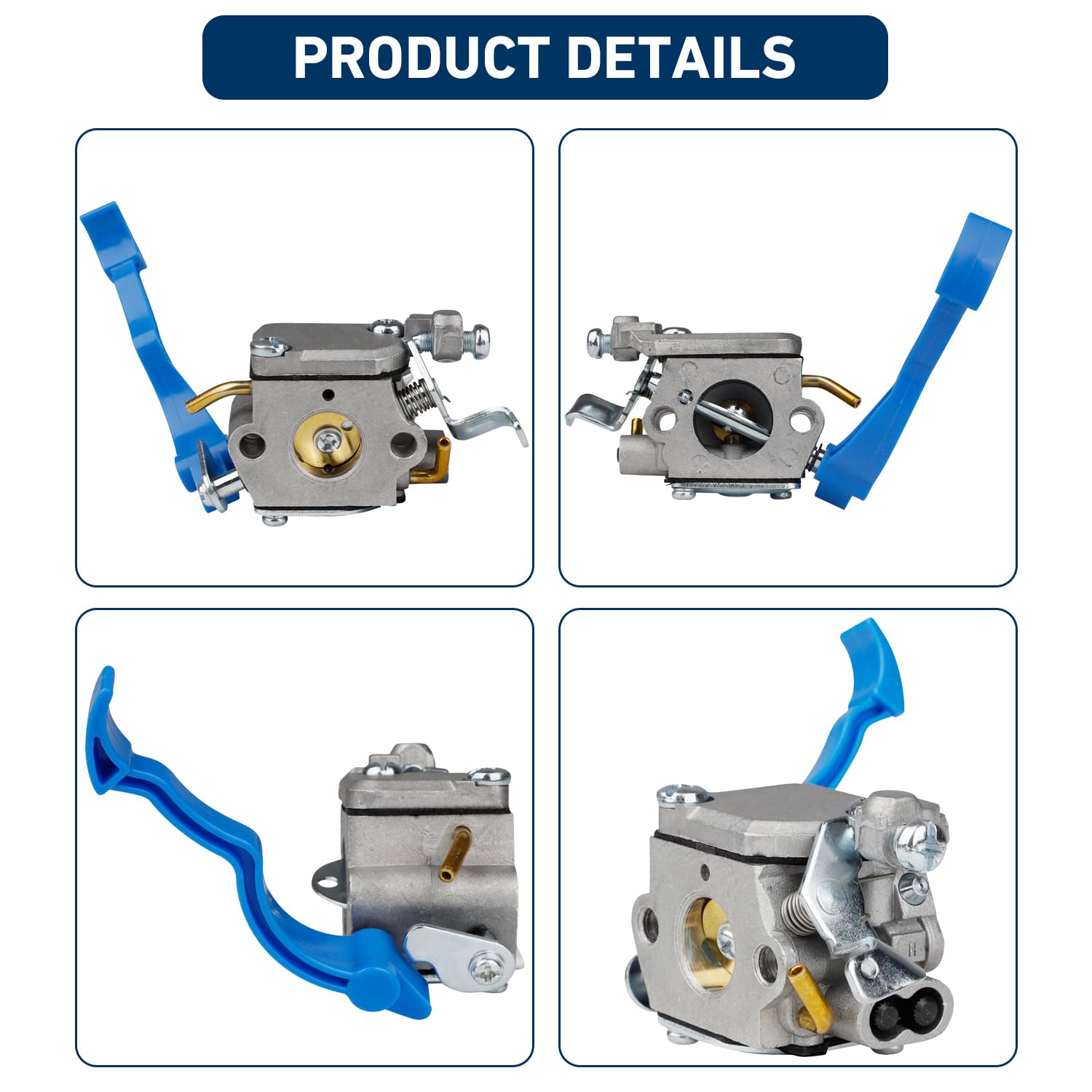 Close-up image shows the carburetor model number for precise replacement decisions