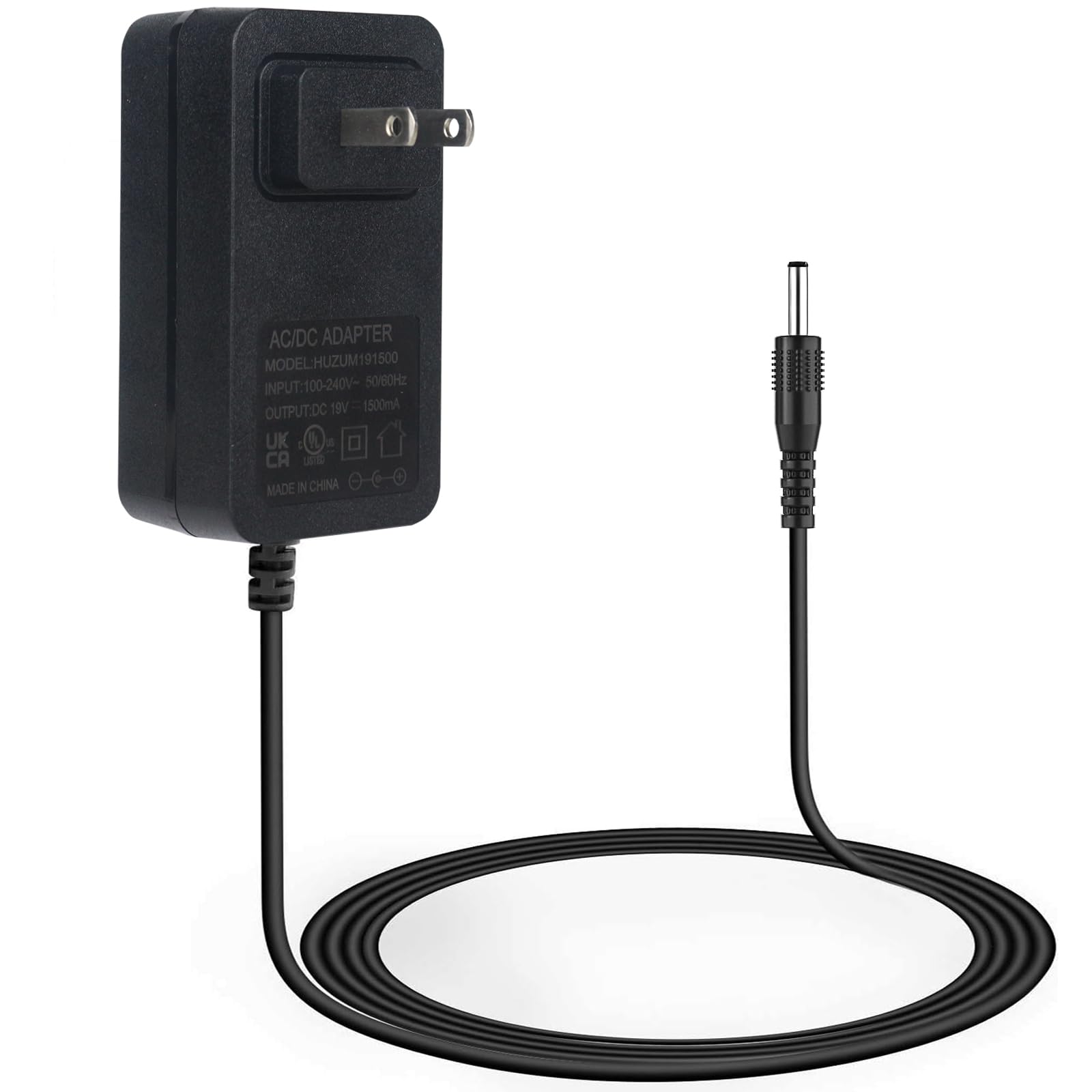 HUZUM 19V portable power adapter with a compact design for travel.