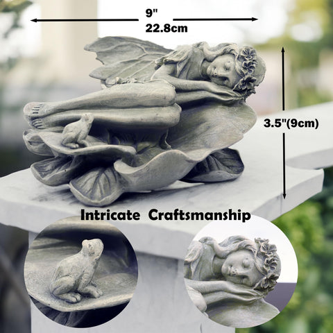 hvfun Garden Fairy Statue with bird feeder on lotus leaf adds gentle garden charm.