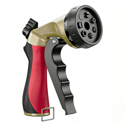 HVNPSH metal garden hose nozzle with seven spray patterns for versatile watering.