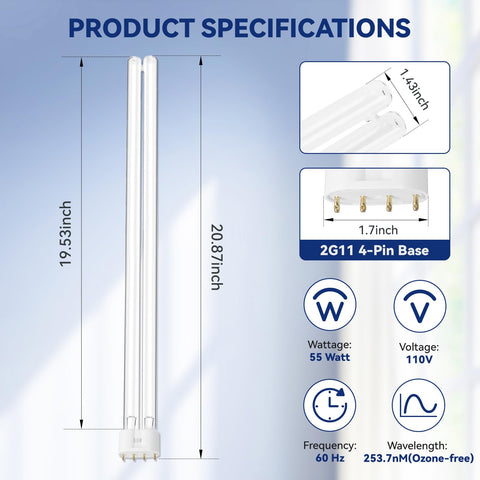 HWEIUA 2G11 base UV bulb with four-pin connector for easy replacement.