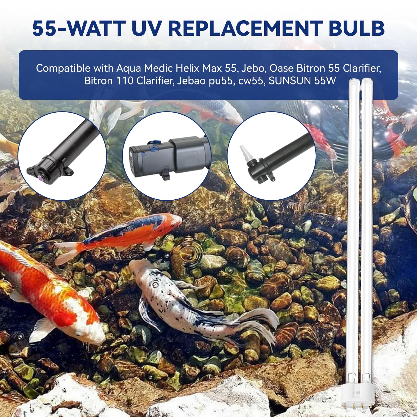 HWEIUA 55W UV bulb in aquarium clarifier delivers crystal-clear water.