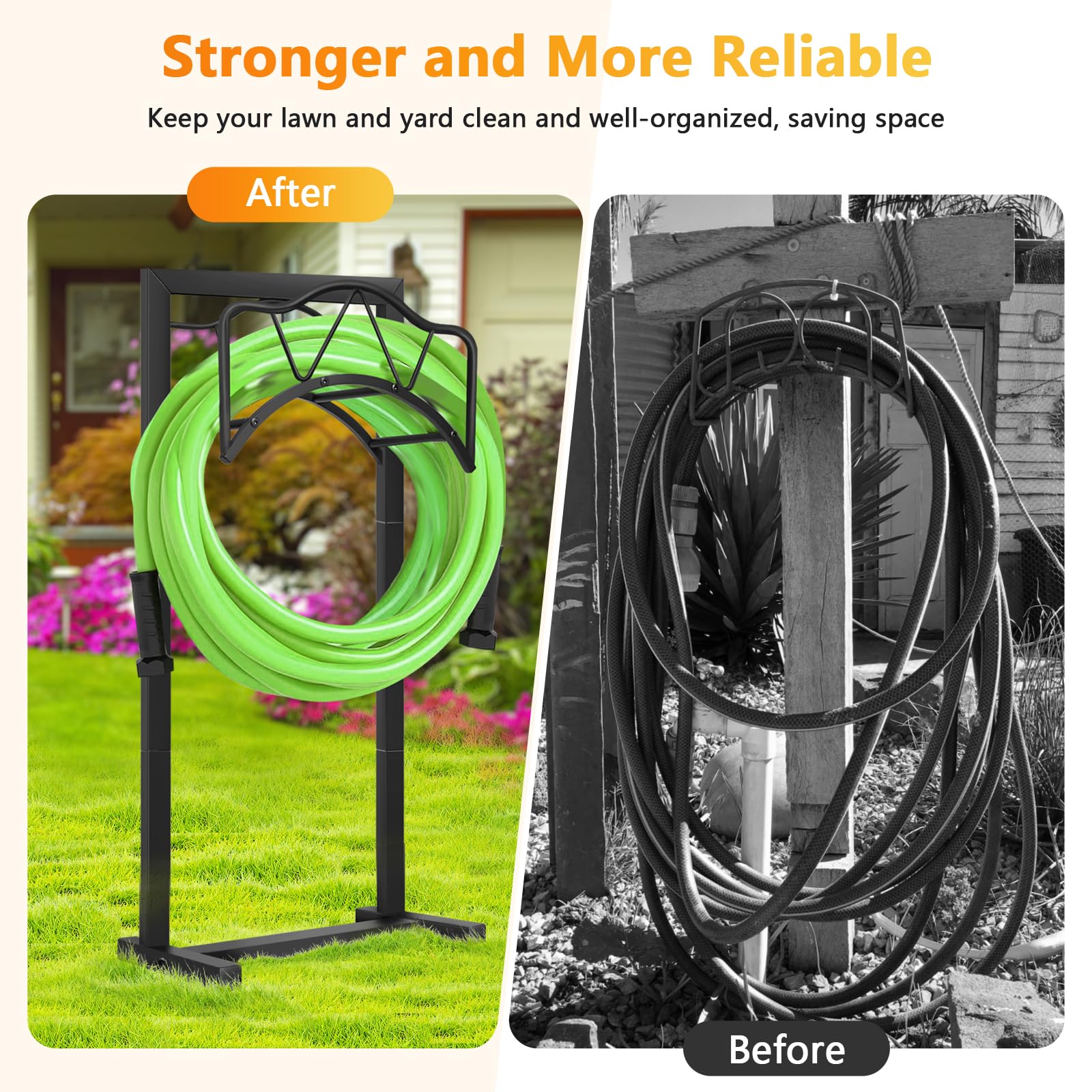 HWRHTR garden hose hanger keeps yard tidy and organized.