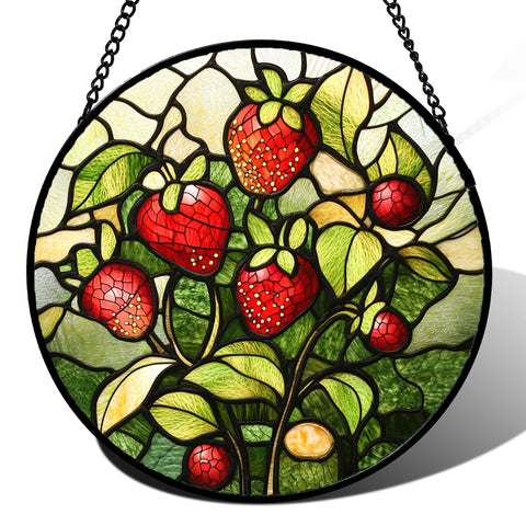 HWRHTR stained glass suncatcher with red strawberry design casting warm light.