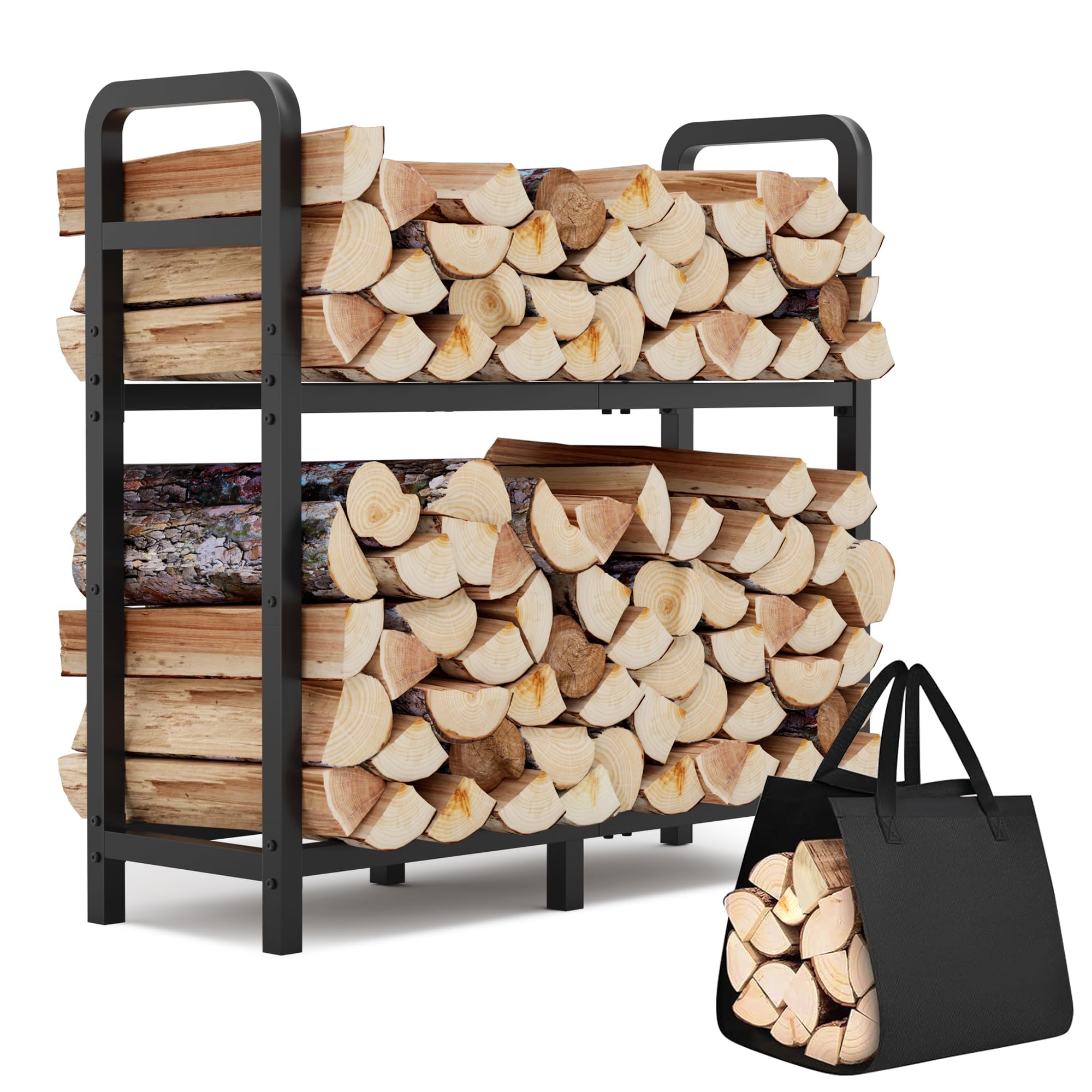 HXJLJY 2-tier firewood rack front view showing organized logs