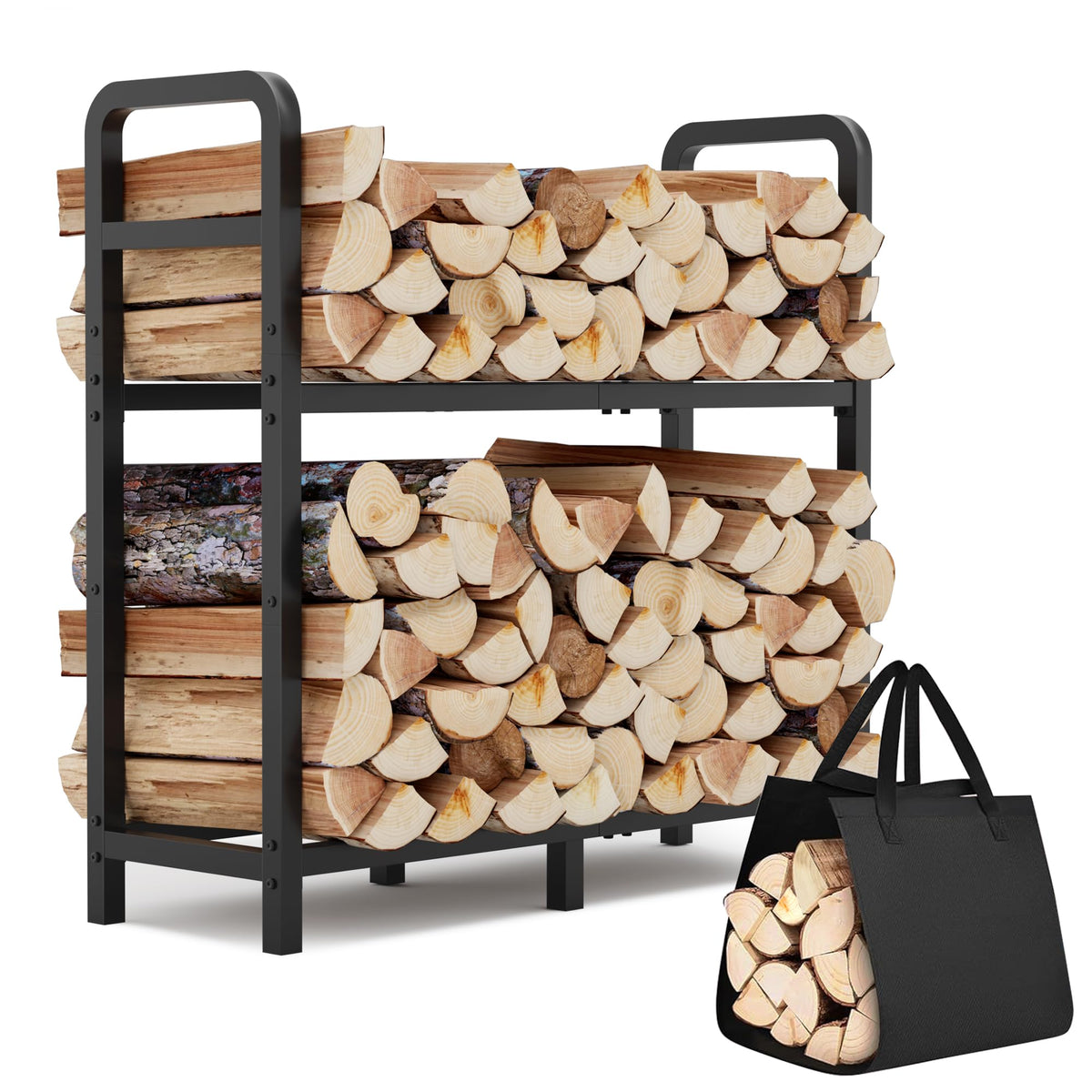 HXJLJY 2-tier firewood rack front view showing organized logs