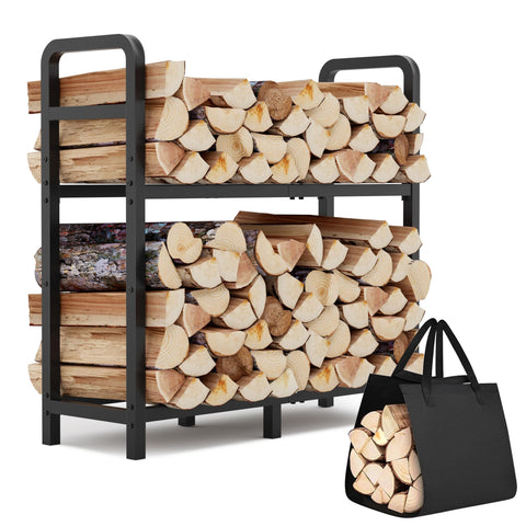 HXJLJY 2-tier firewood rack front view showing organized logs