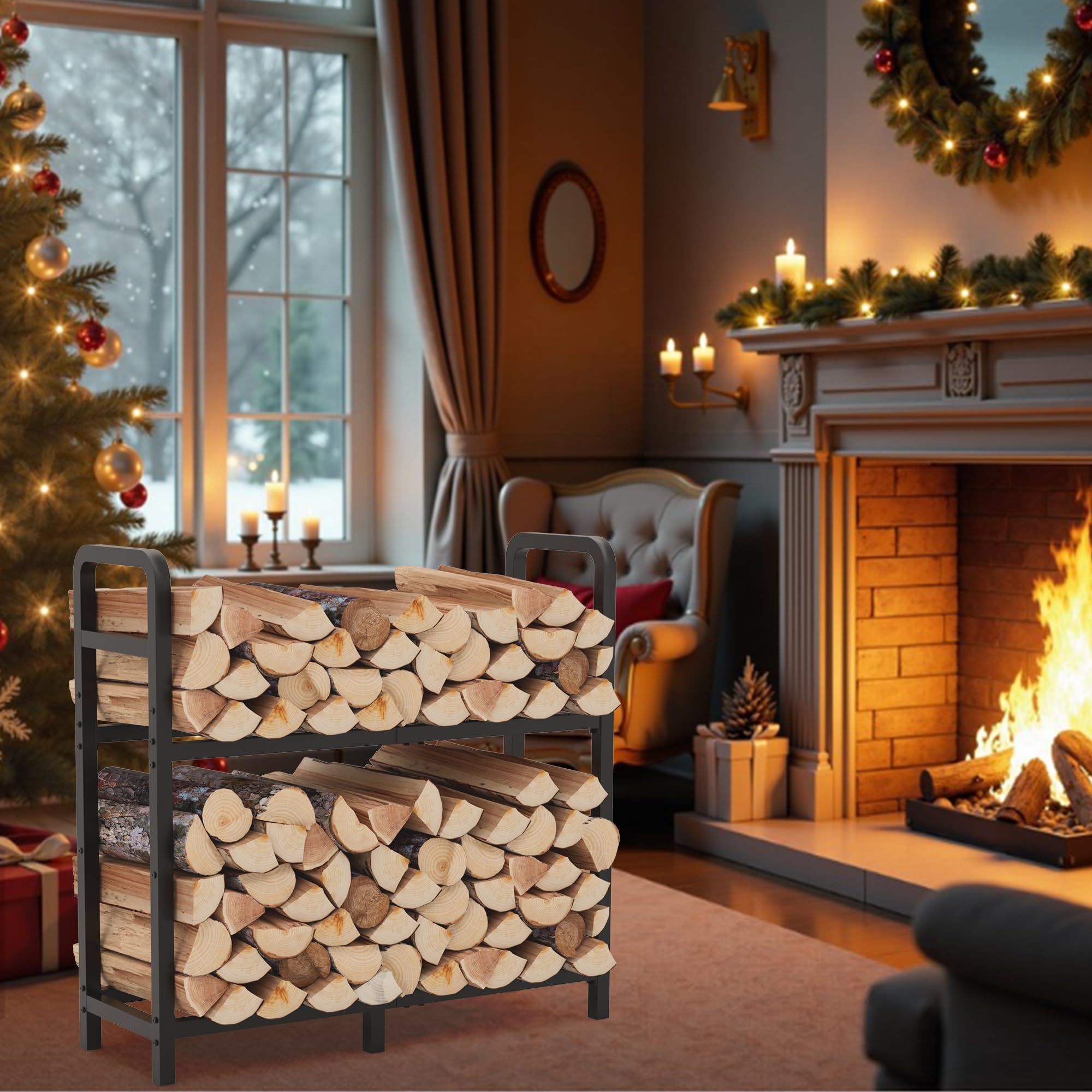 HXJLJY 2-tier firewood rack side view with wide storage