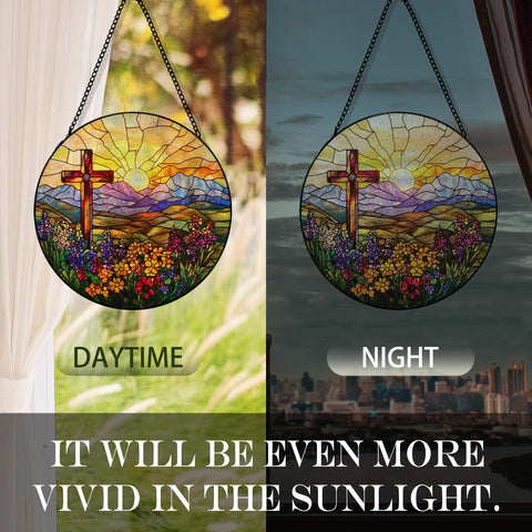 Hxlac Cross Flower Suncatcher stained glass round; soft color shifts decorate any wall