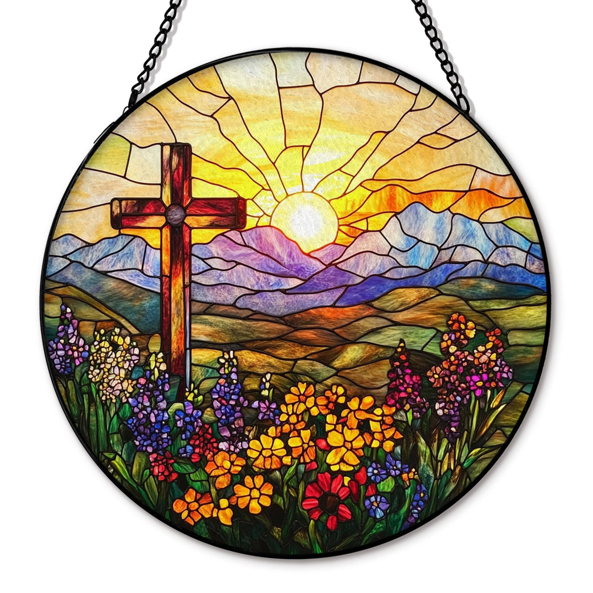 Hxlac Cross Flower Suncatcher window hanging; vivid stained glass colors brighten mornings