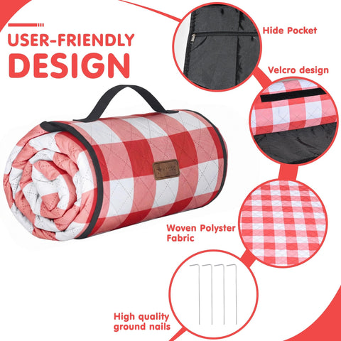 HX&OD outdoor picnic blanket at the beach, waterproof surface resists sand and moisture