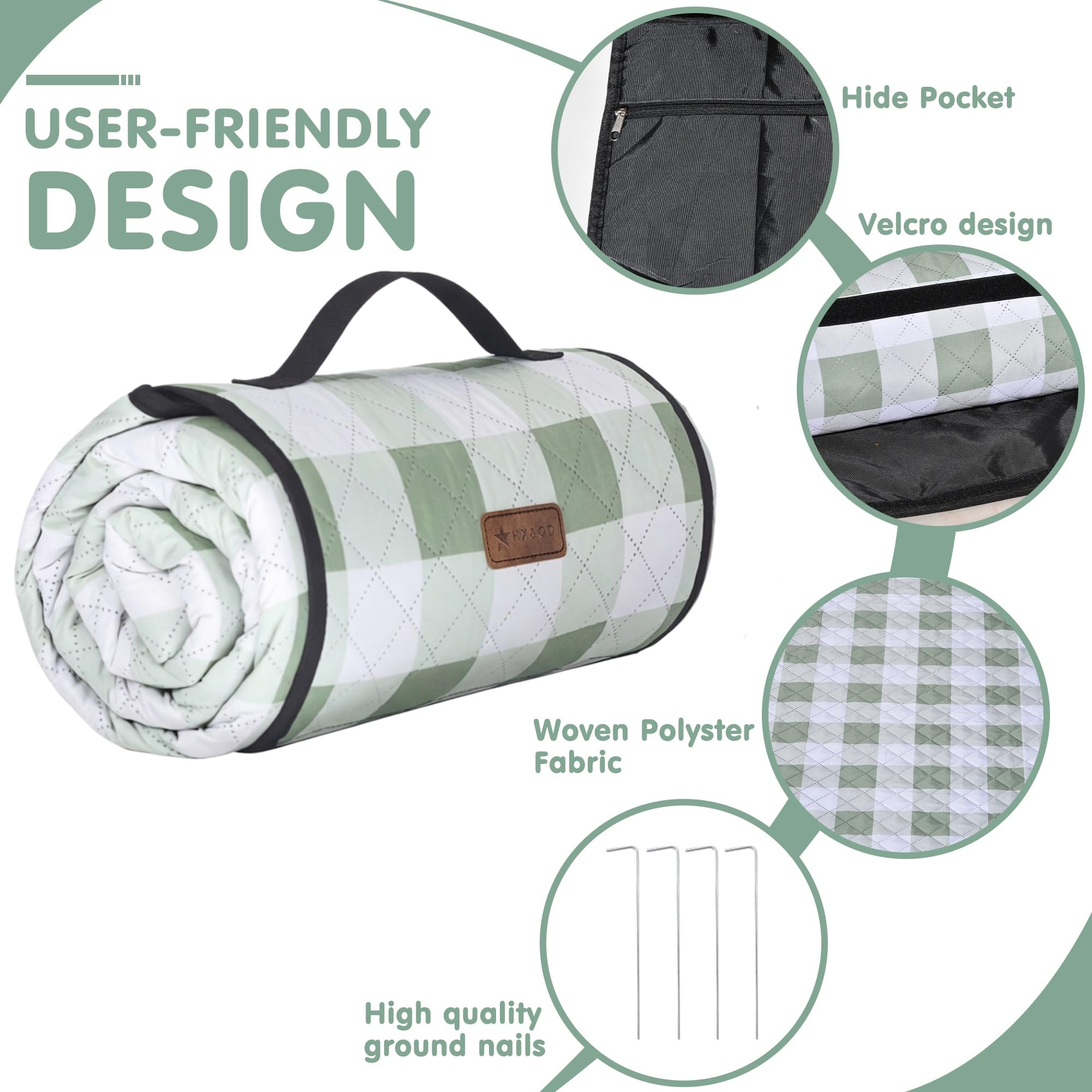 HX&OD blanket with four ground stakes stays steady in wind