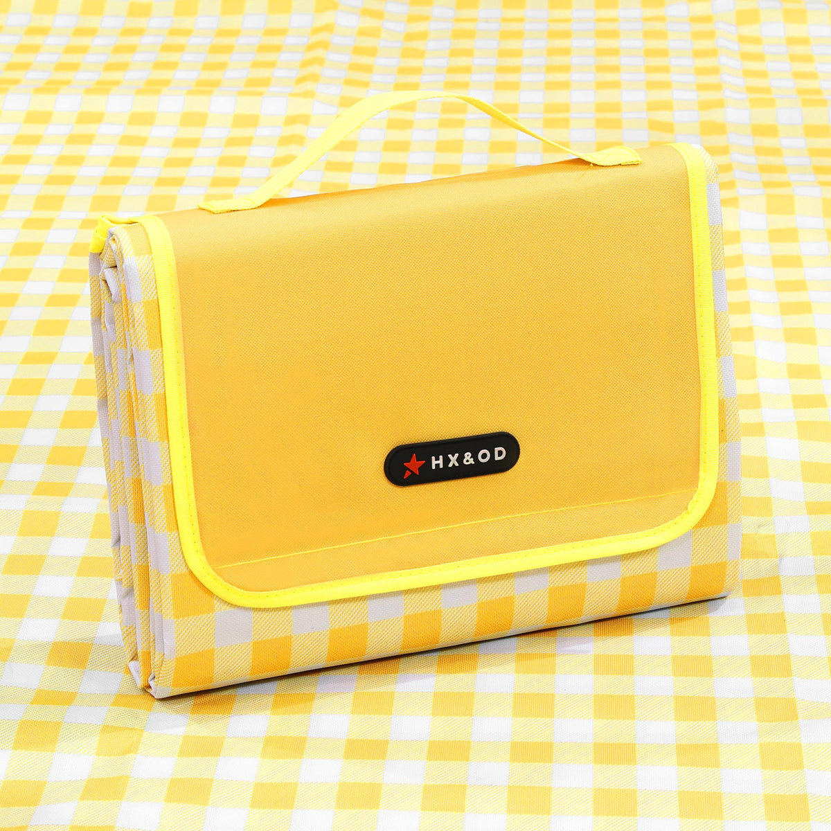 HX&OD Picnic Blanket 80x60 spread on sand with waterproof underside for beach comfort