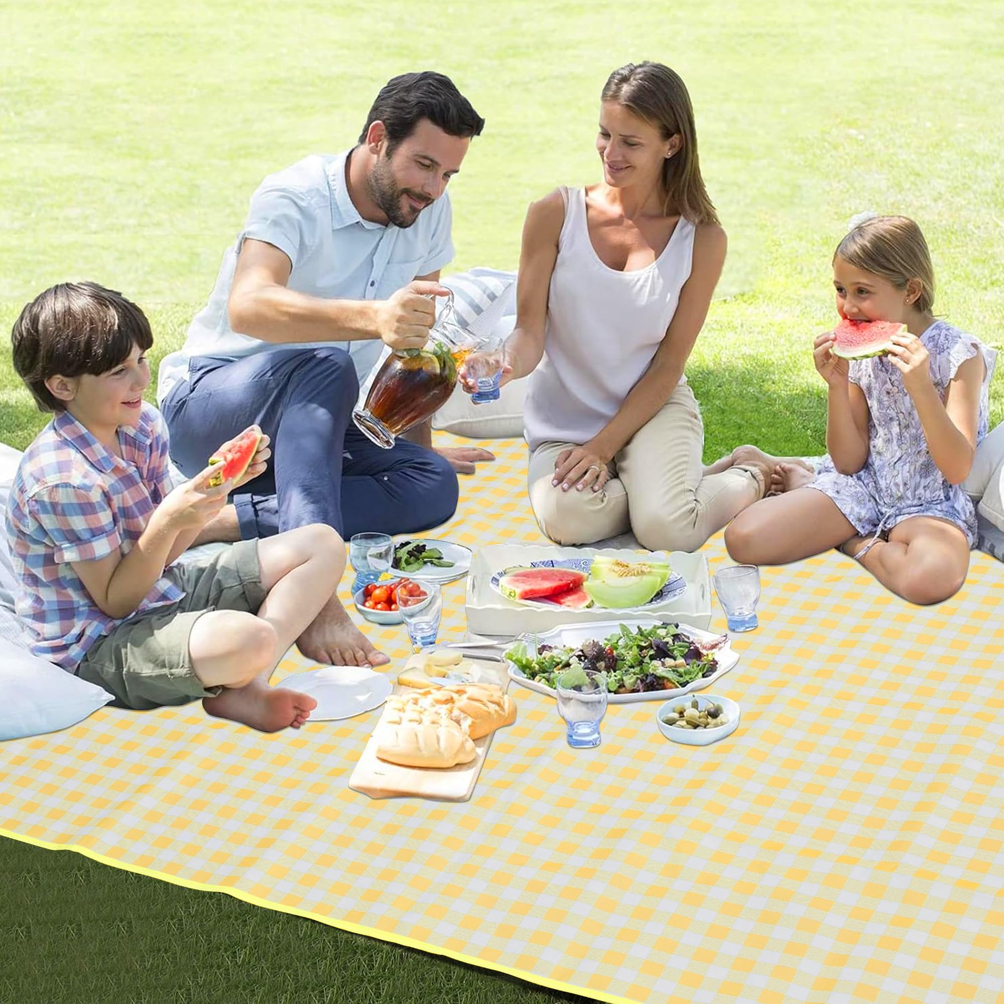 HX&OD Picnic Blanket in use at a seaside concert with family