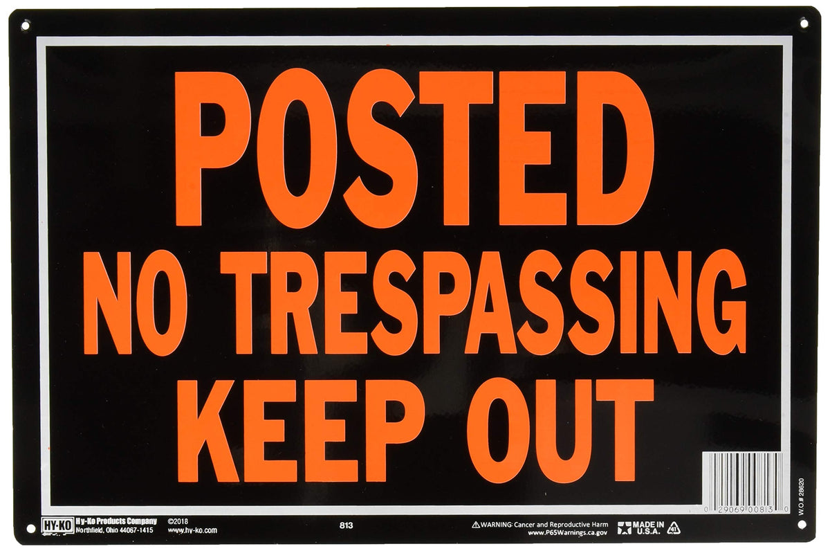 Hy-Ko No Trespassing Sign Pack 12 front view, durable aluminum boundary marker.