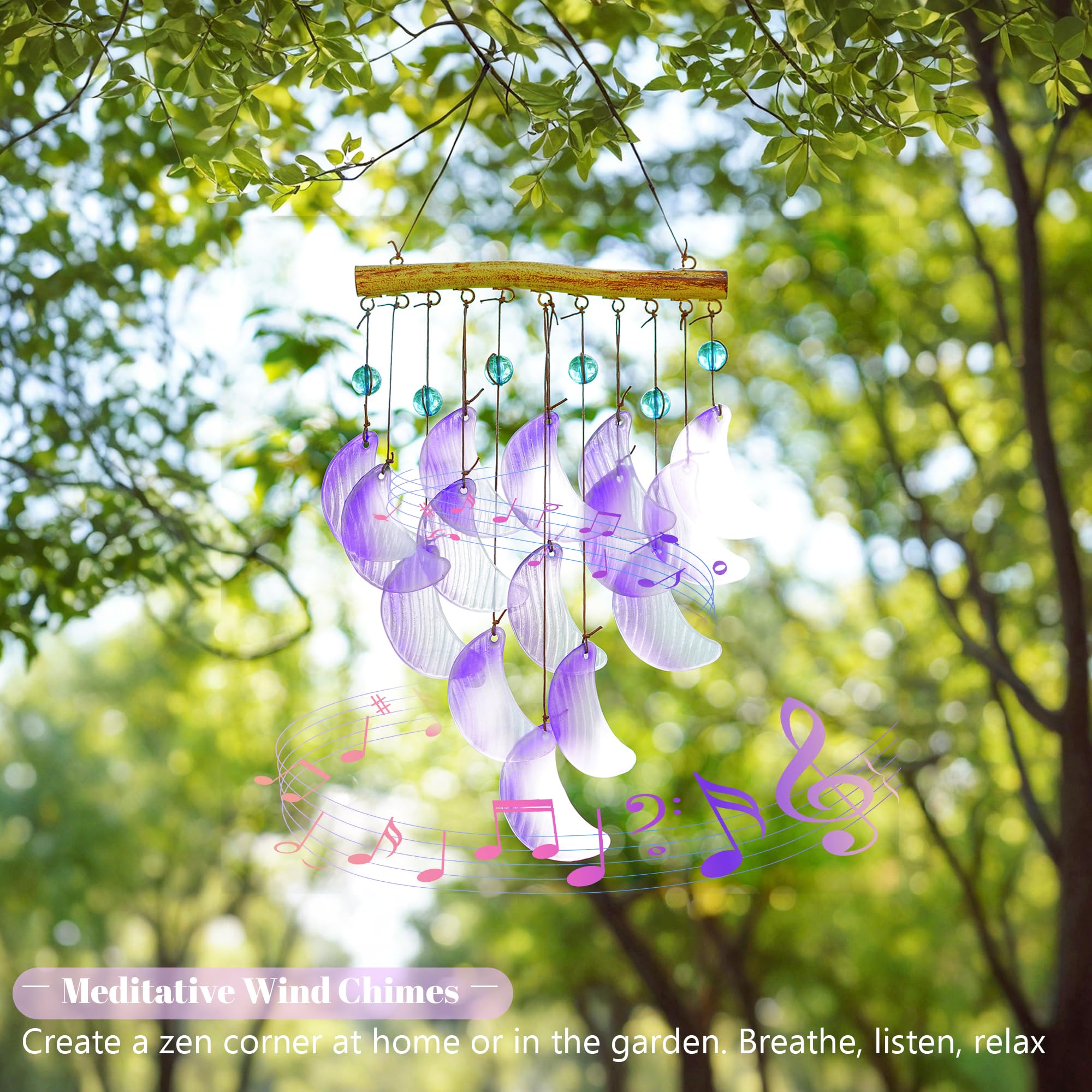 Hyaline Dora glass moon wind chime on window decor with color and movement.