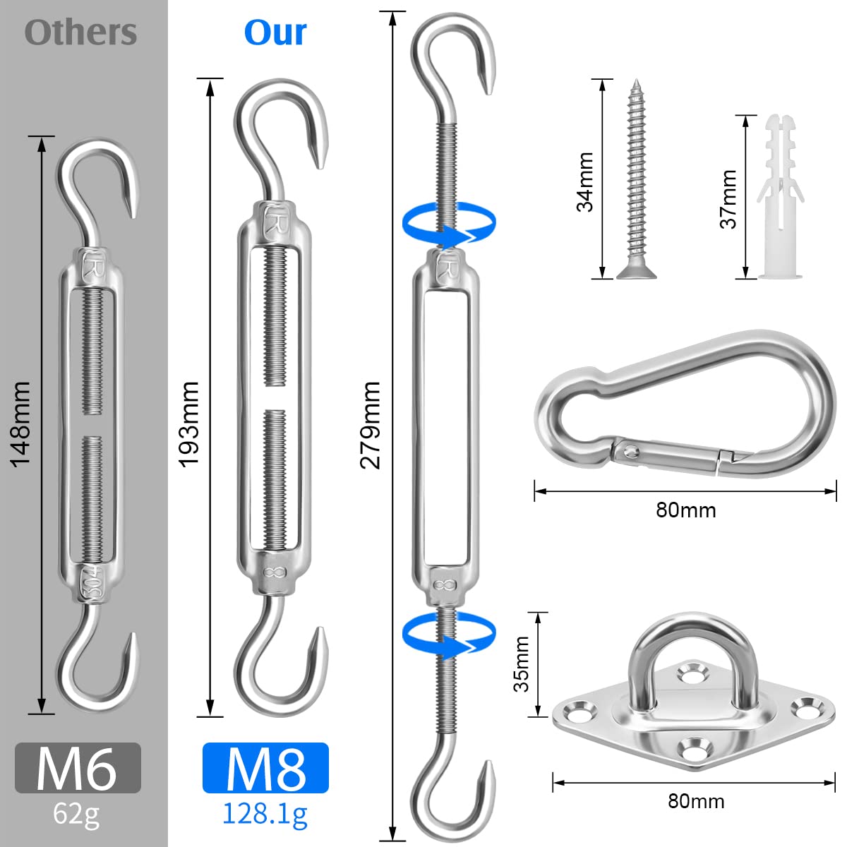 HYASIA stainless steel hardware parts kit ensures long-lasting outdoor shade installations.