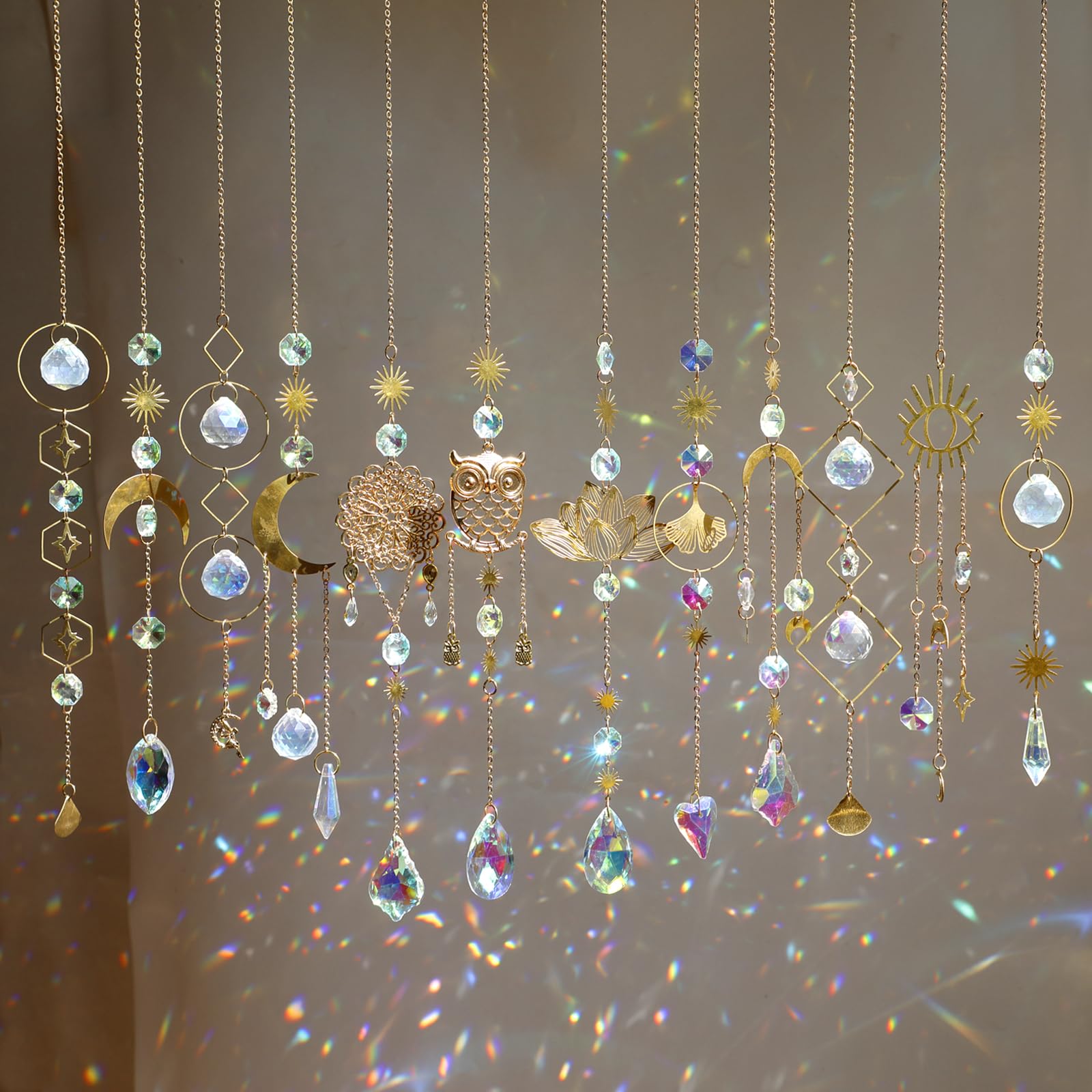 HYBEADS crystal suncatchers in a window creating rainbow light