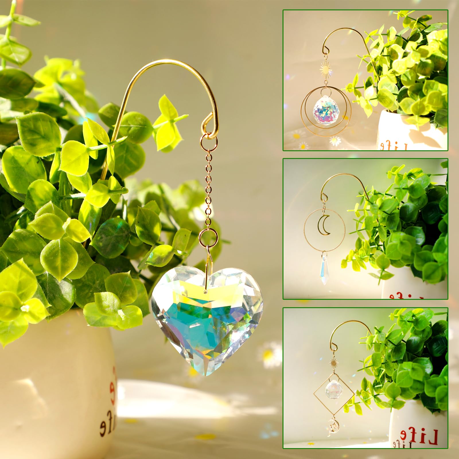 HYBEADS 260-piece suncatcher set with 45mm round crystals catching sunlight.