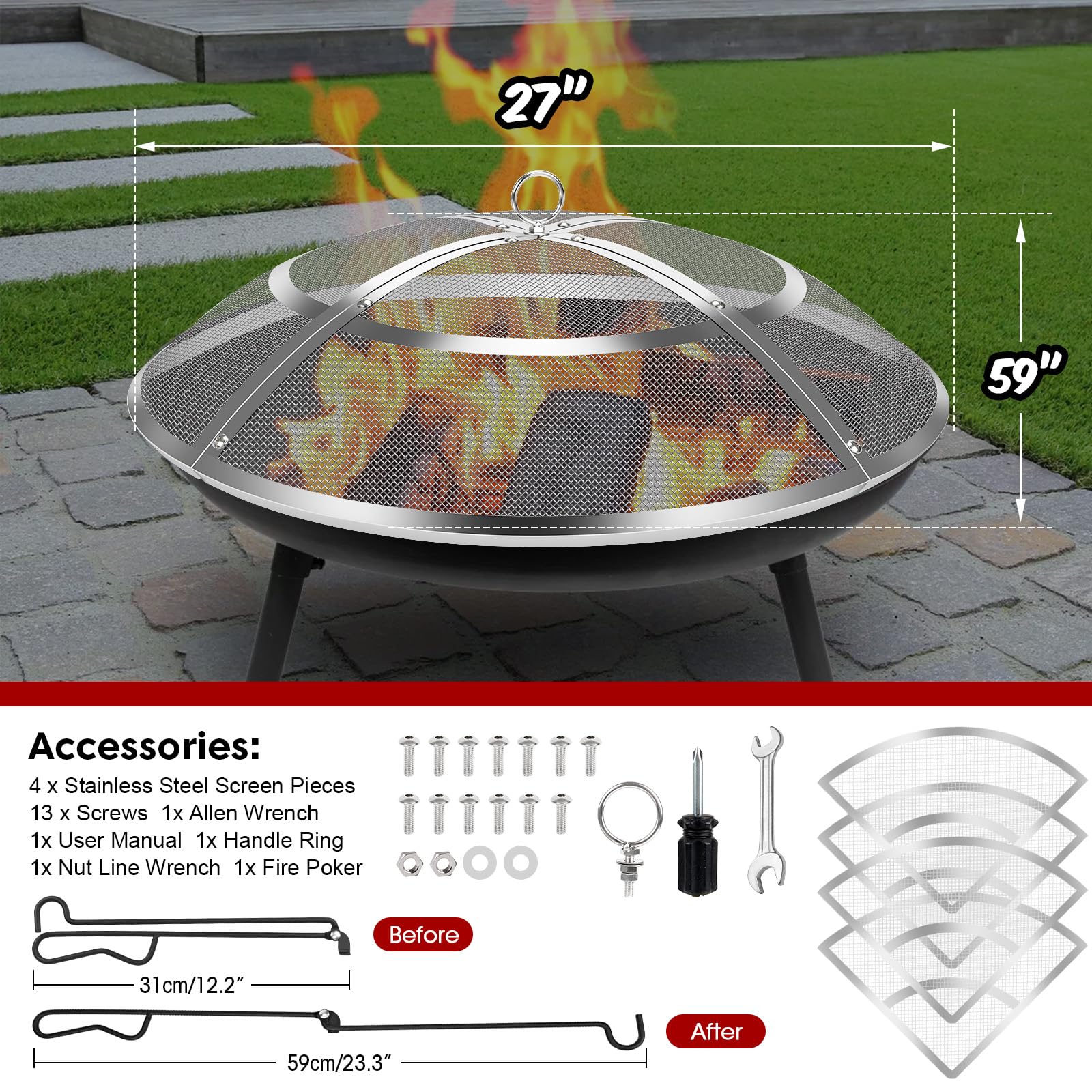 Hydream fire pit screen with handle and poker for easy use