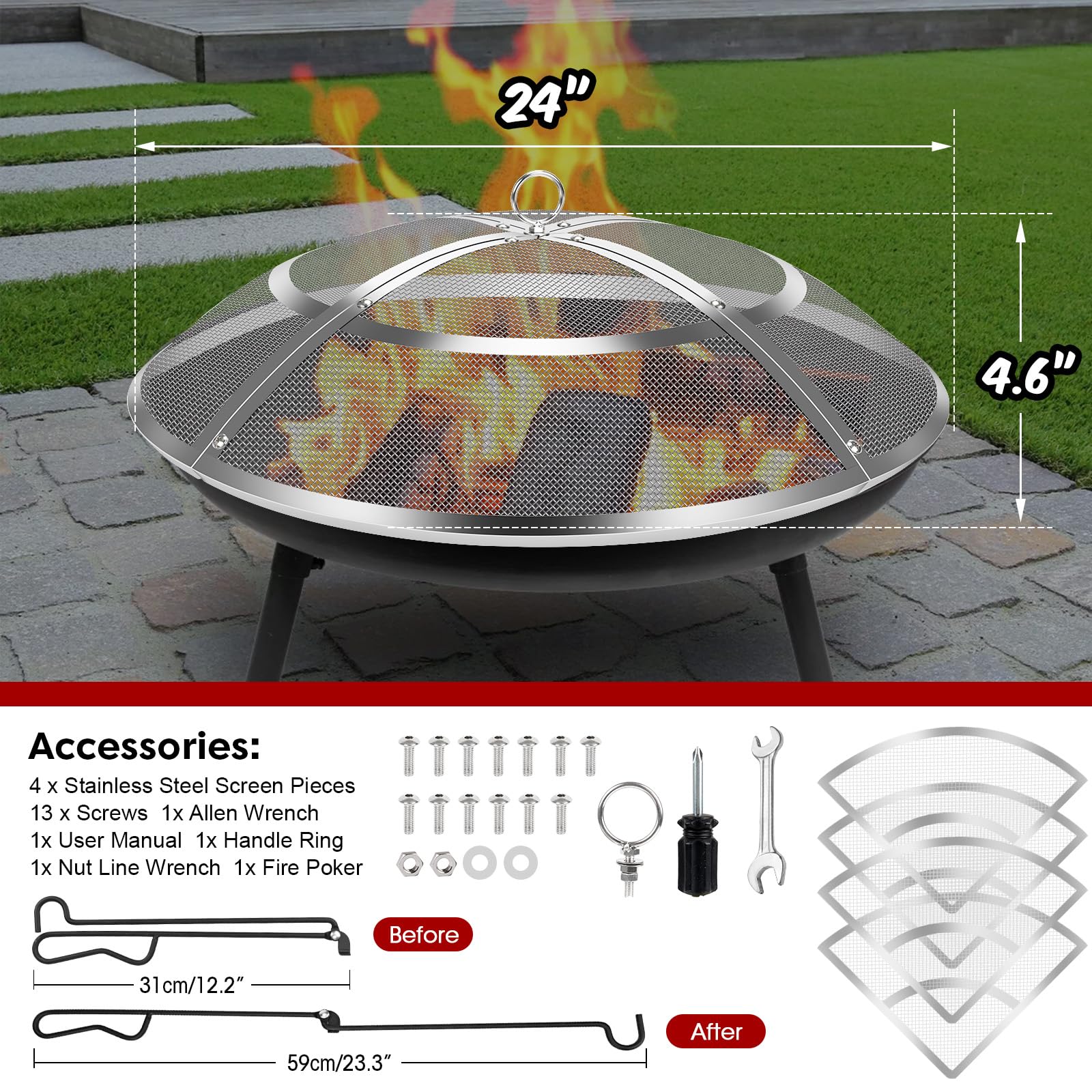 Hydream stainless steel fire pit screen close-up demonstrates durability and heat resistance