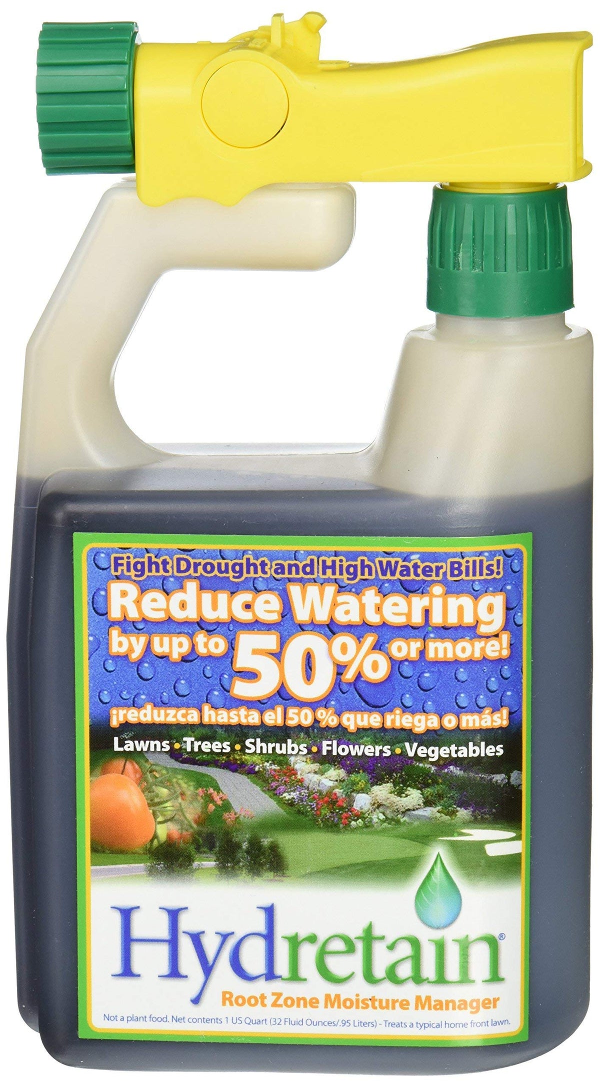 Hydretain Root Zone Moisture Manager bottle with hose-end sprayer for lawn hydration and drought protection