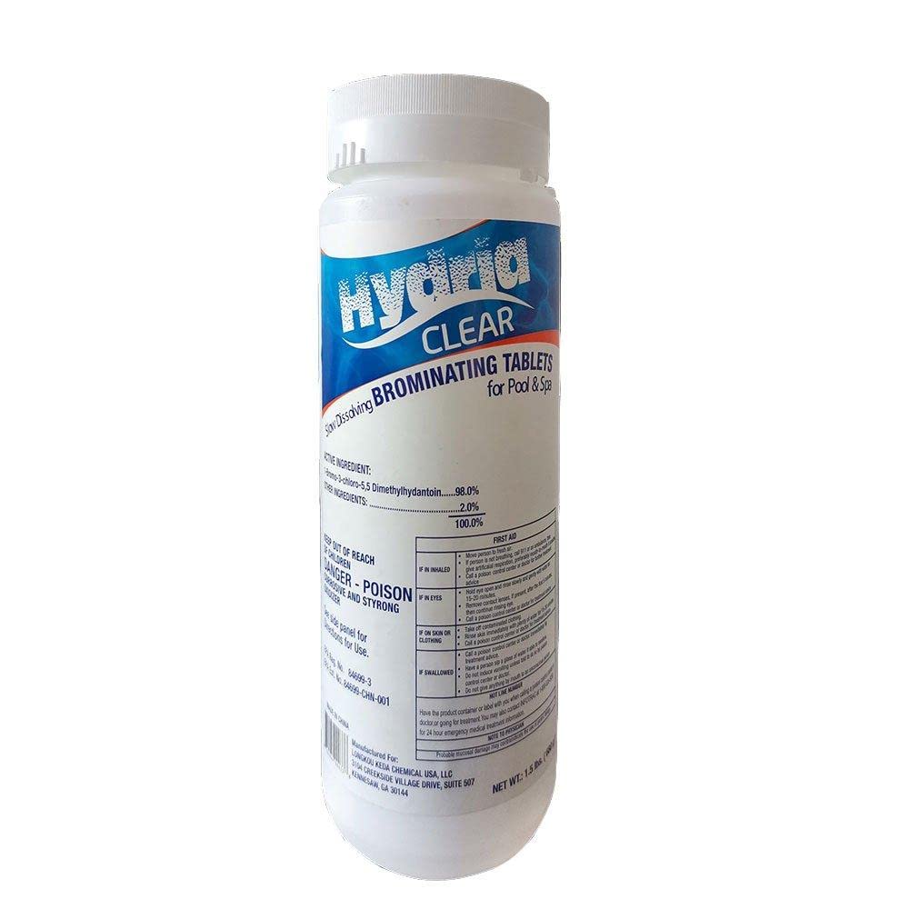 Hydria Clear bromine tablets in a 1-inch container for pool and spa sanitization.