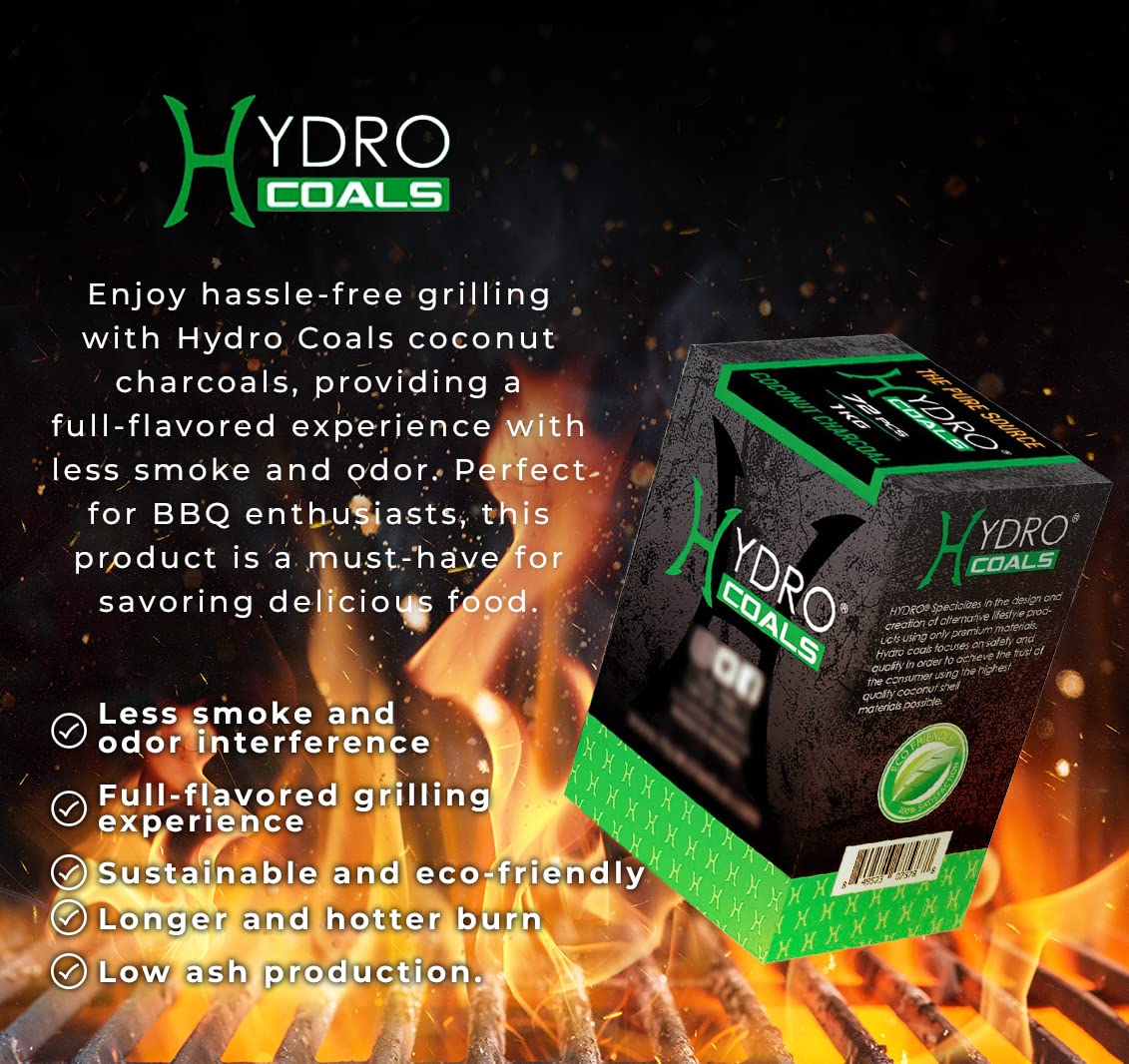 Hydro coconut charcoal cubes on grill deliver steady heat for flavorful searing and even cooking.