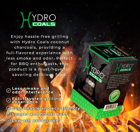 Hydro coconut charcoal cubes on grill deliver steady heat for flavorful searing and even cooking.