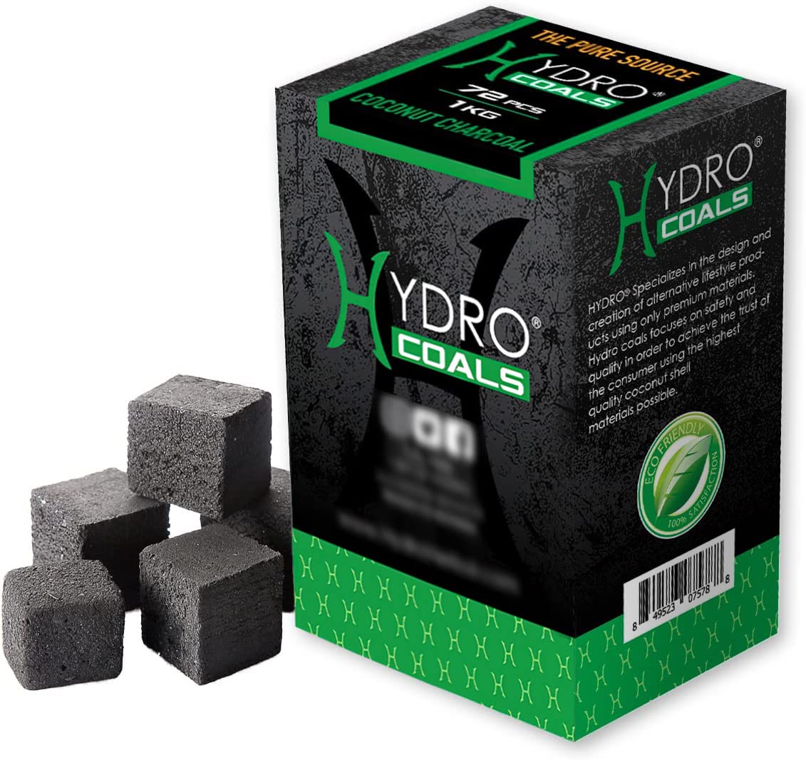 Hydro coconut charcoal cubes packaging, highlighting convenient 1 kg bag for easy grilling prep.