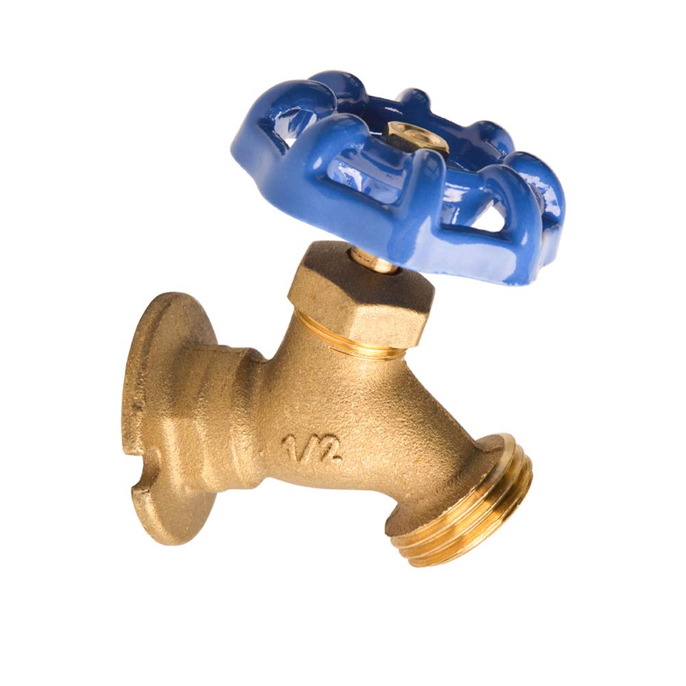 HYDRO MASTER brass garden valve showing 1/2 inch FNPT x 3/4 inch MNH connection for universal hose use.
