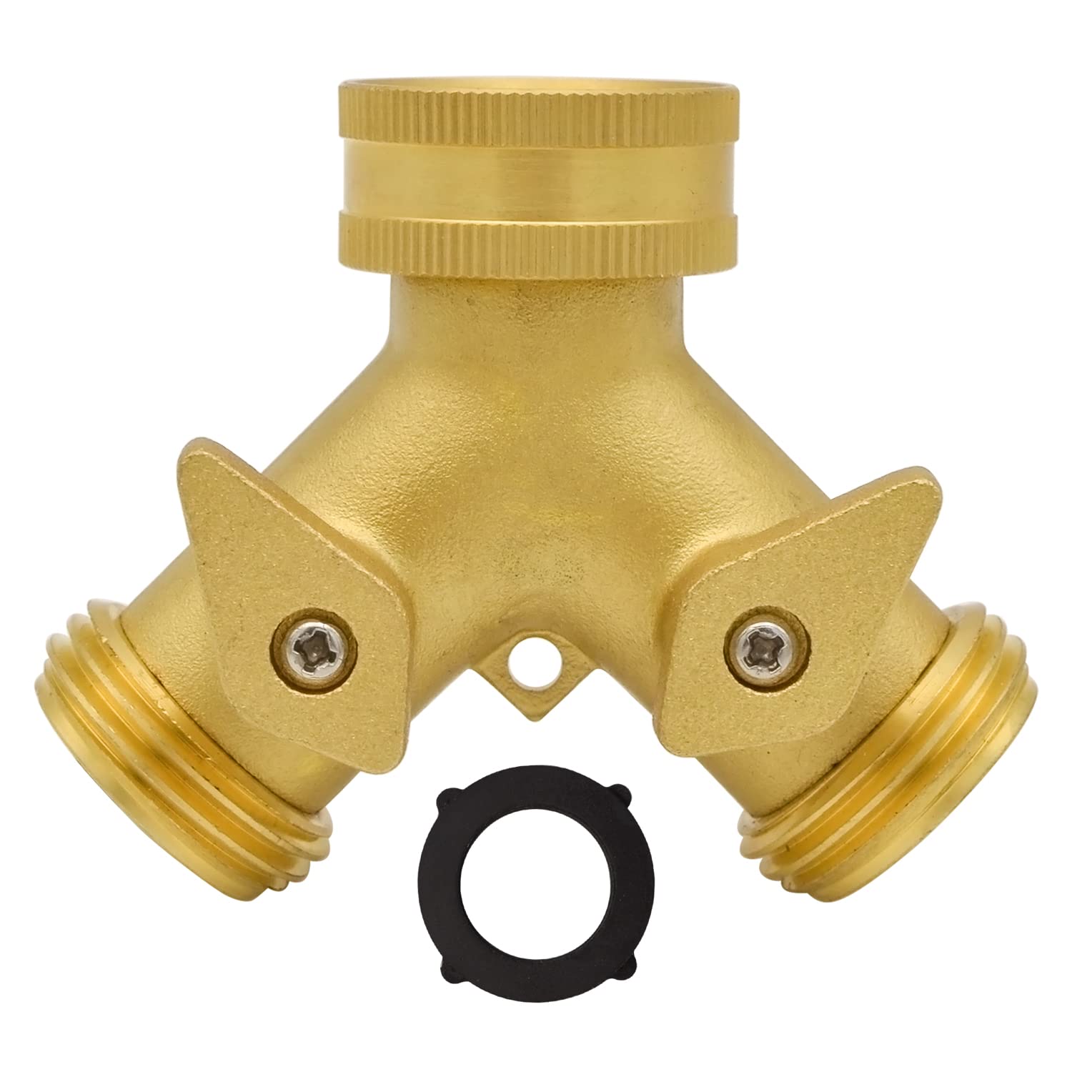 HYDRO MASTER heavy-duty brass 2-way Y splitter shown for sturdy high-pressure outdoor watering.