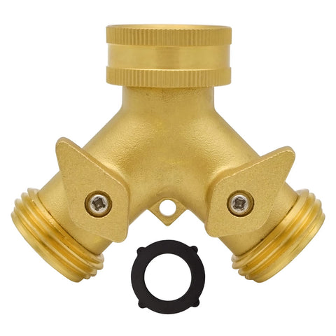 HYDRO MASTER heavy-duty brass 2-way Y splitter shown for sturdy high-pressure outdoor watering.