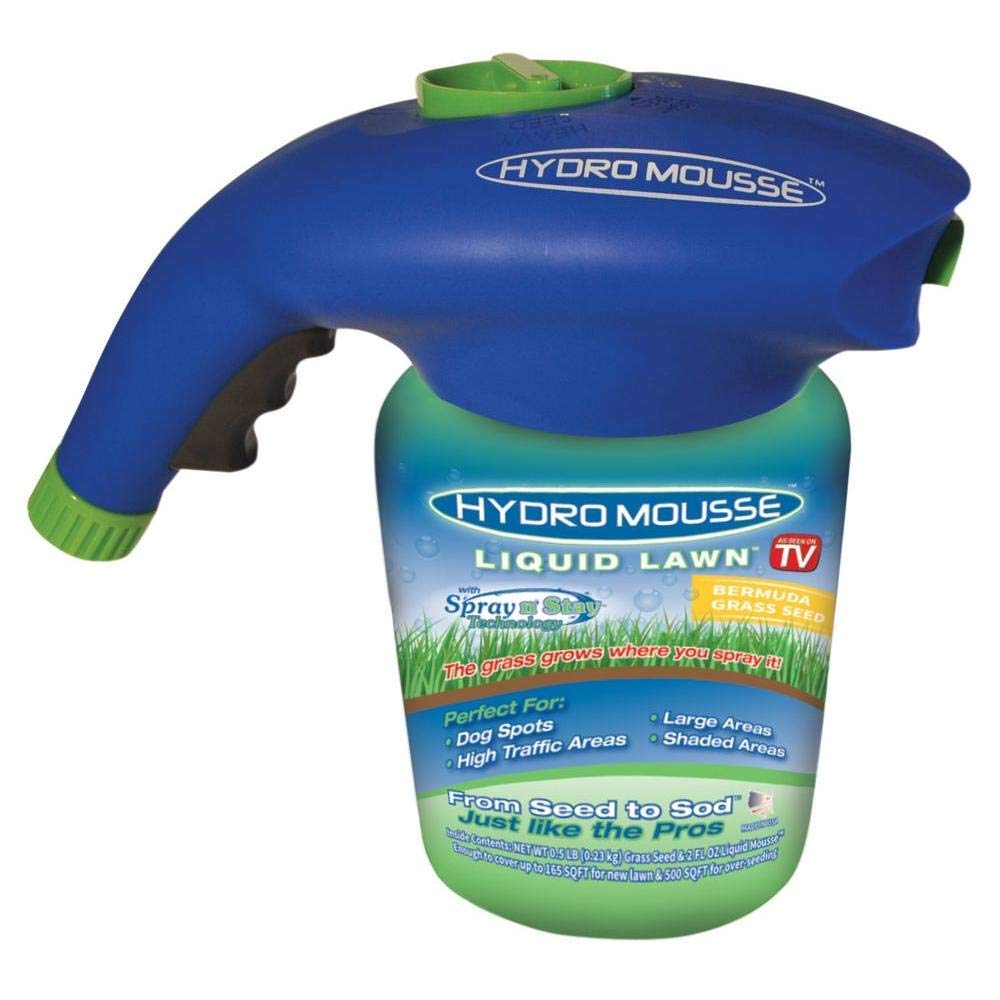 Hydro Mousse spray-attachment demonstrates mess-free, precise lawn application.