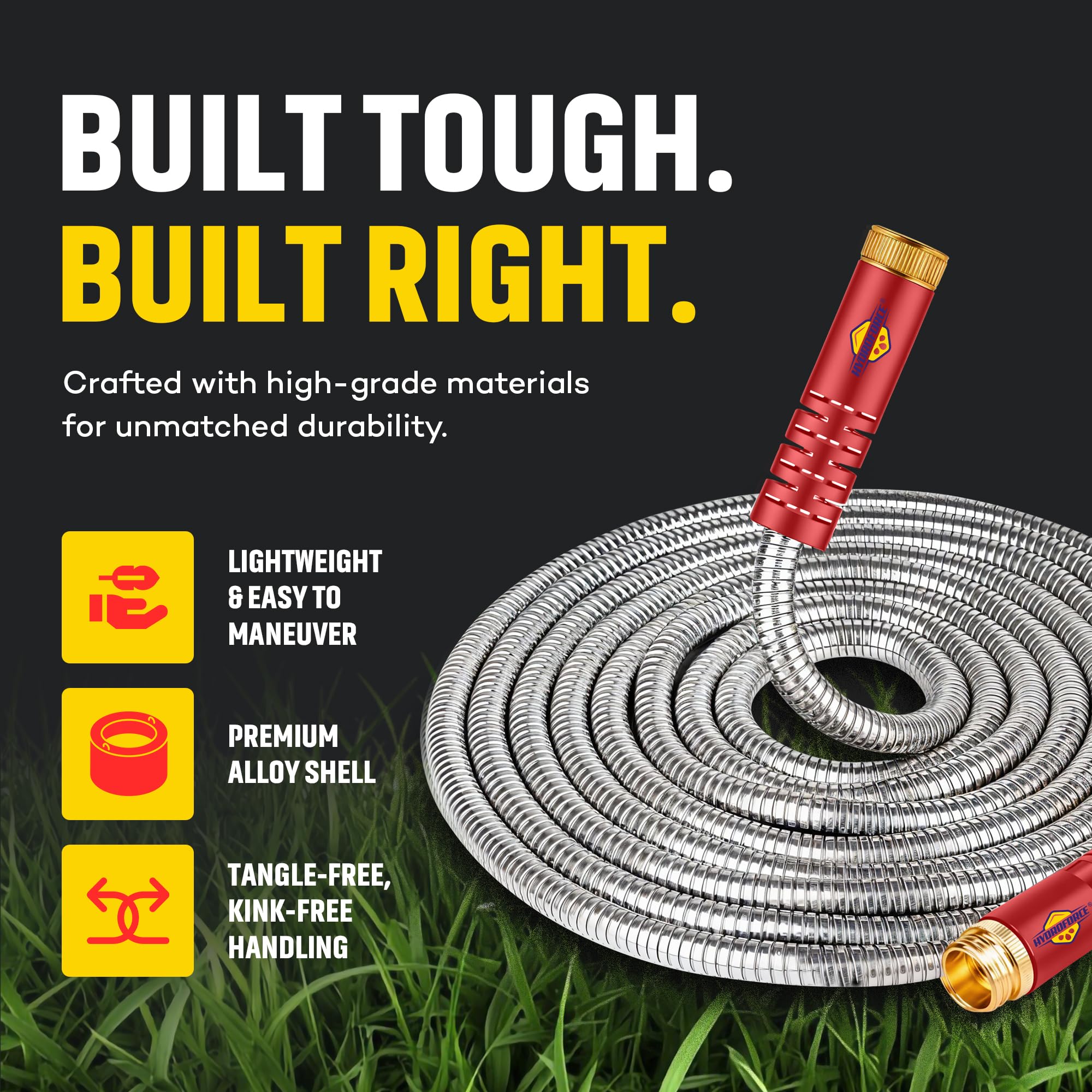 HydroPro heavy-duty metal garden hose showing kink-free flexibility